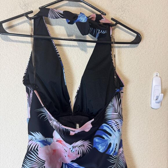 DKNY Swimsuit one piece black floral tropical hibiscus plunge halter sz L - Picture 4 of 8